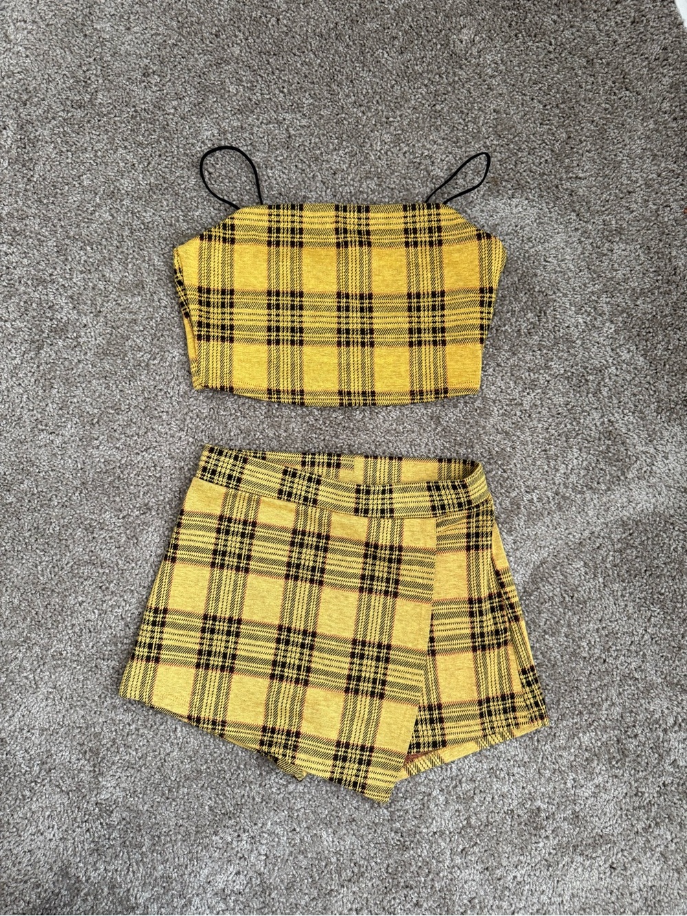 Yellow Plaid Two-Piece Skirt Set with Strappy Crop Top clueless skort